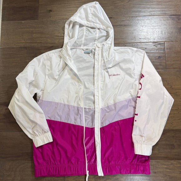 Columbia Women's Colorblock Windbreaker Hooded Jacket White Pink Purple XL - Picture 2 of 8